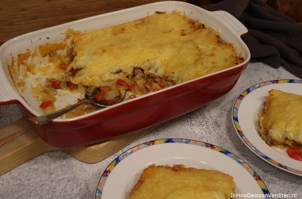 Ovenschotel met witte kool, paprika en shoarma